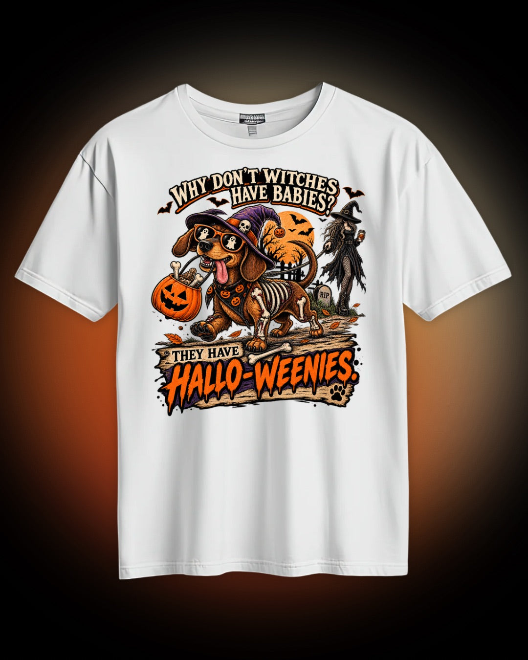 Halloween Dachshund Tee — "Why Don’t Witches Have Babies? They Have Hallo-Weenies"